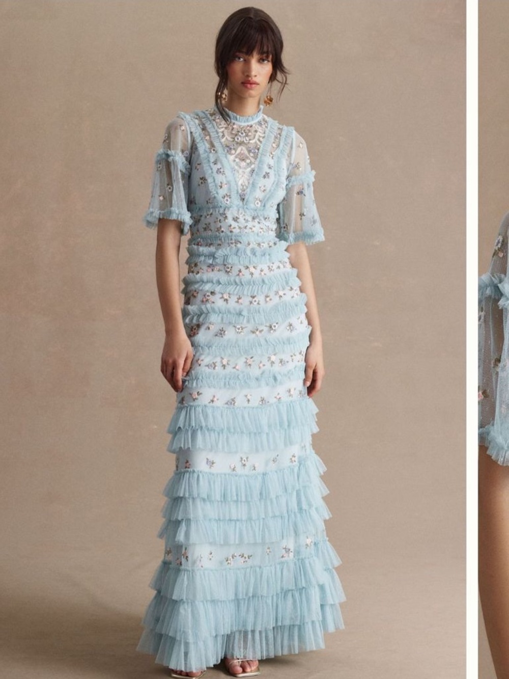 Mac Duggal High-Neck Ruffled Tiered Floral Gown